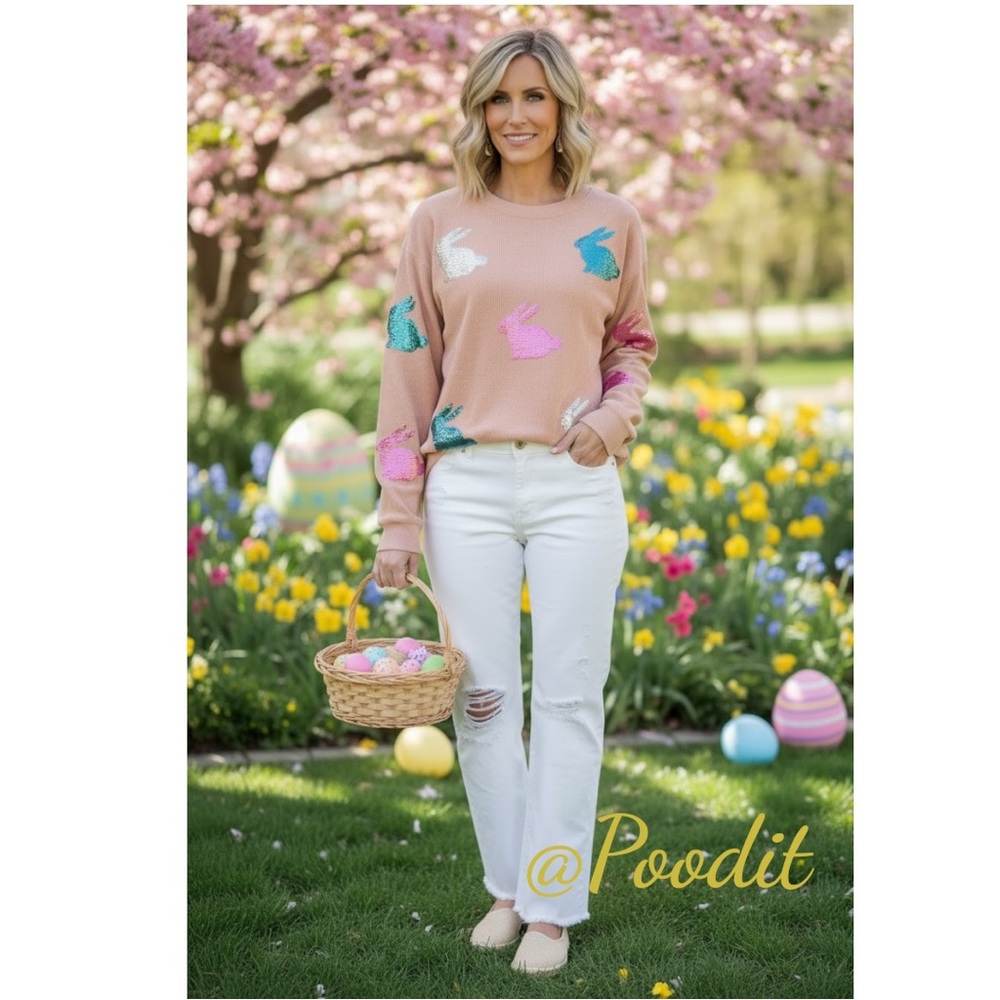 Sequin bunny corded thermal texture Easter holiday pullover S L 3XL